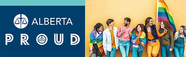 A group of people standing against a wall, holding a pride flag, celebrating the LGBTQ community, with the CBA Alberta logo and stylized word PROUD