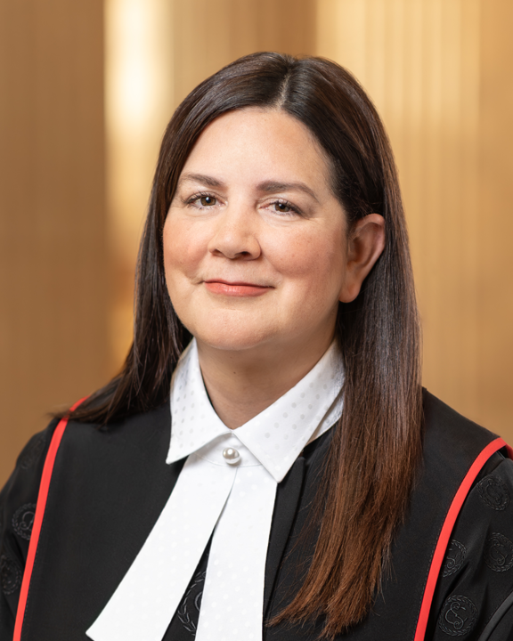 The speaker has brown hair and is wearing a black judicial gown