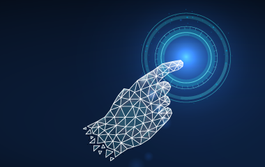 A wireframe hand reaches towards a glowing digital interface on a dark blue background, surrounded by circular and scattered dot patterns.