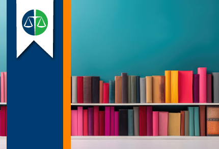 Books of various colors arranged on two shelves against a turquoise wall, with a vertical blue banner featuring CBA crest logo on the left side.