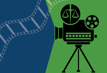 Illustration of a vintage film camera with CBA crest logo on its reel, set against a split blue and green background with a filmstrip on the left.