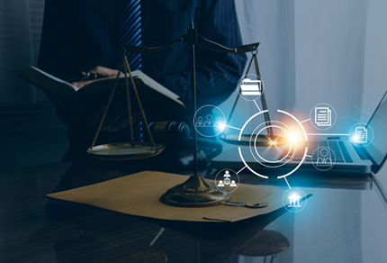 A set of balance scales on a desk with legal documents, overlaid with glowing digital icons representing technology and data, symbolizing the intersection of law and modern communication.