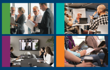 Collage of diverse meeting and event settings, including in-person discussions, a virtual meeting, and participants using laptops and assistive devices.