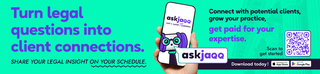 Banner promoting AskJidgoo: "Turn legal questions into client connections" with QR code and call to connect with clients and get paid for legal expertise.