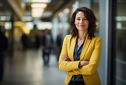 A woman wearing a yellow blazer stands with arms crossed in a modern office hallway, looking confidently at the camera.