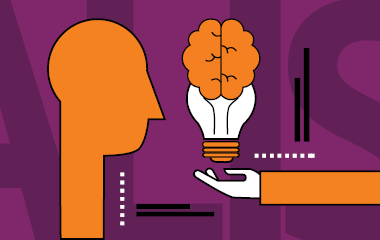 Illustration of a person's profile facing a hand holding a lightbulb with a brain inside, set against a purple background with abstract shapes.