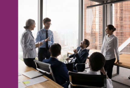 Group of business people brainstorming in an office.