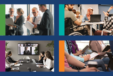 Alt text:  A collage of four images showing professional settings: two people in business attire speaking with a smiling attendee, a group of people seated and listening in a meeting or seminar, individuals engaged in discussion around a table, and a close-up of a person taking notes with a pen.