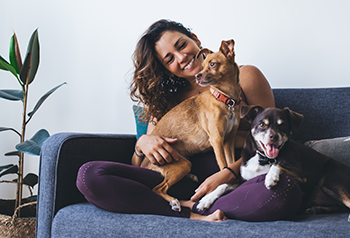 A woman wearing active wear and sitting on a couch smiles while holding two small dogs, one brown and one black, with a potted plant visible in the background.